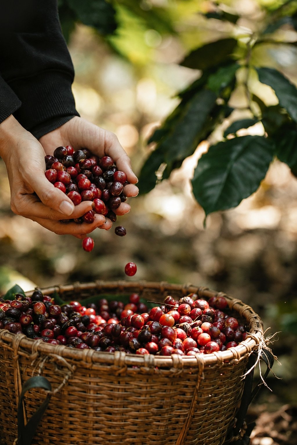 Granos de café colombiano seleccionados en cosecha