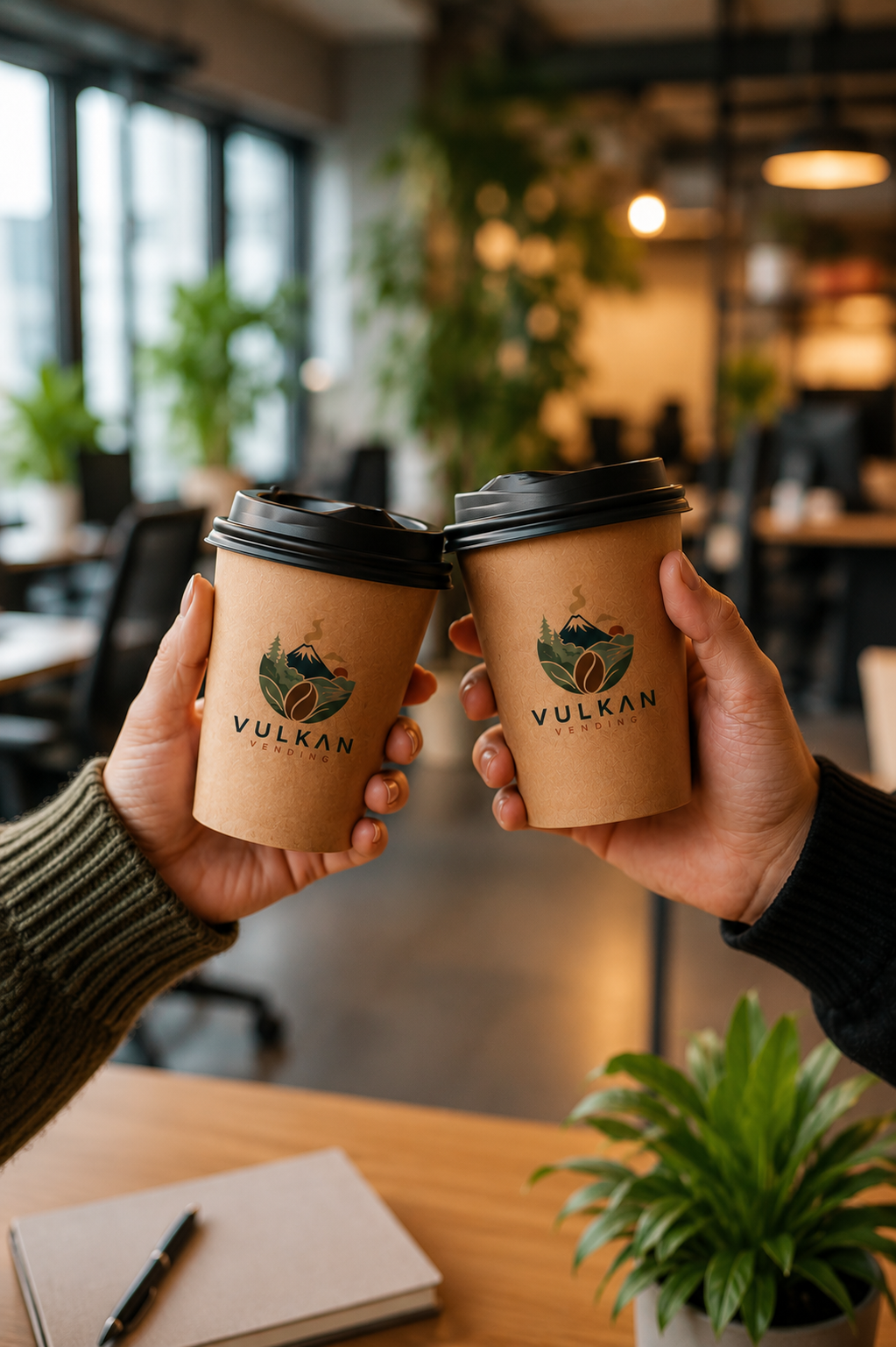 Dos personas compartiendo café Vulkan en oficina