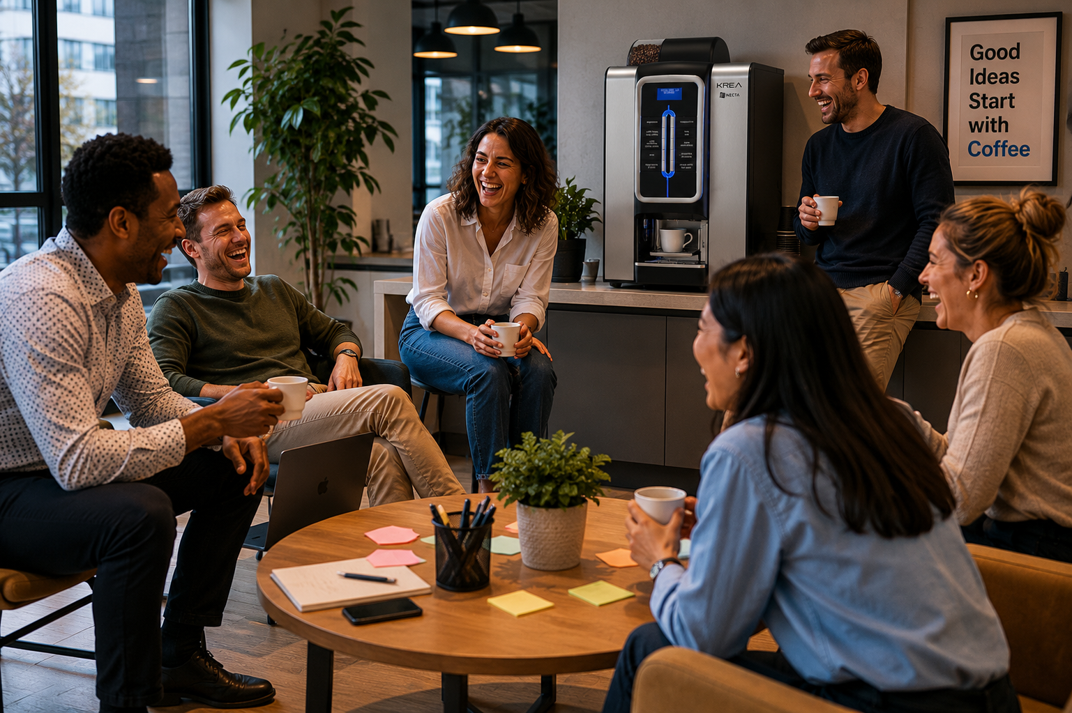 Equipo disfrutando café Vulkan en oficina con máquina Krea