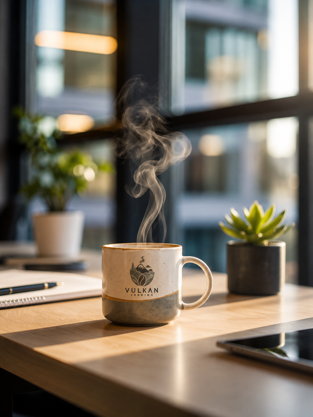 Taza de café Vulkan humeando en escritorio de oficina